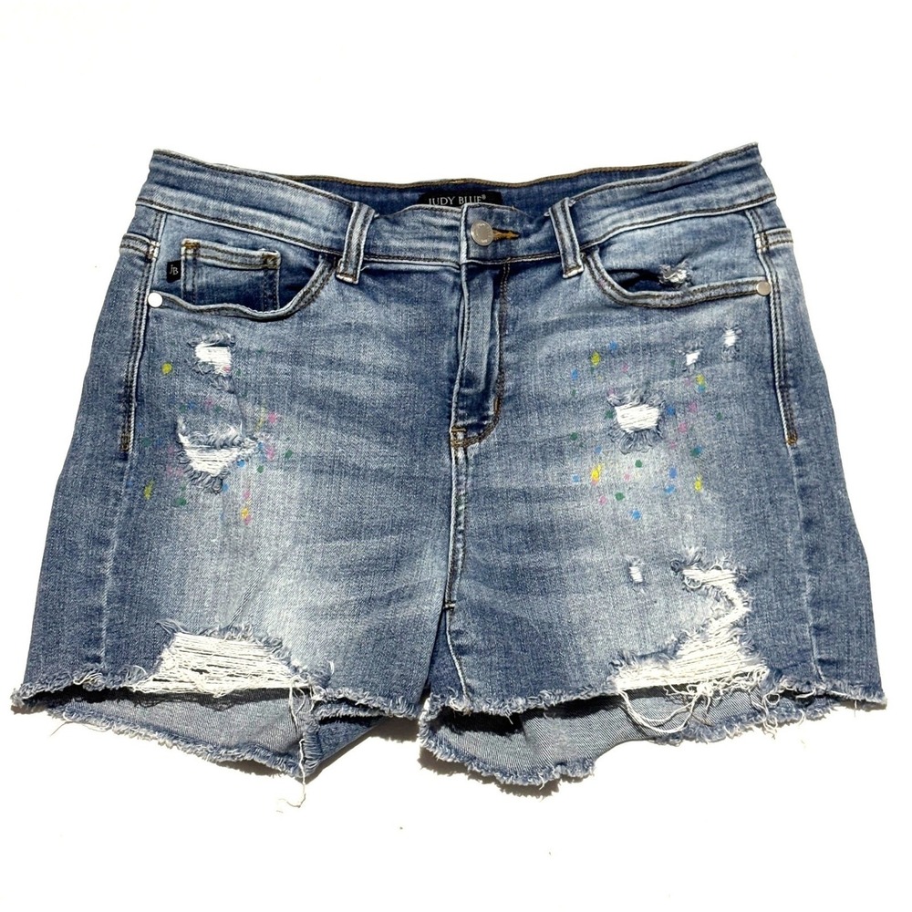 Judy Blue Womens Shorts Lg Distressed Denim Rainbow‎ Paint Splatter Frayed Hem - Picture 2 of 10